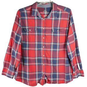 St Johns Bay Womens Size 1X Button Up Red Blue Plaid Shirt Roll Tab Long Sleeve